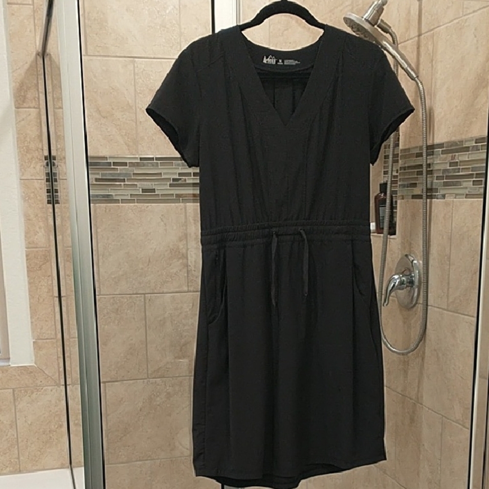 REI Co-op Black A-line Mini Dress with V-neck Short Sleeves